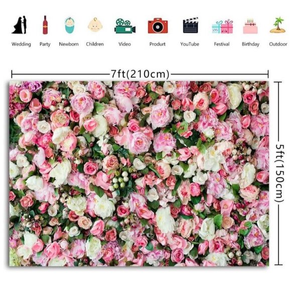 Pink Flowers Leaves Backdrop Wedding Wall Background Photo Booth 7x5 feet - Picture 3 of 3